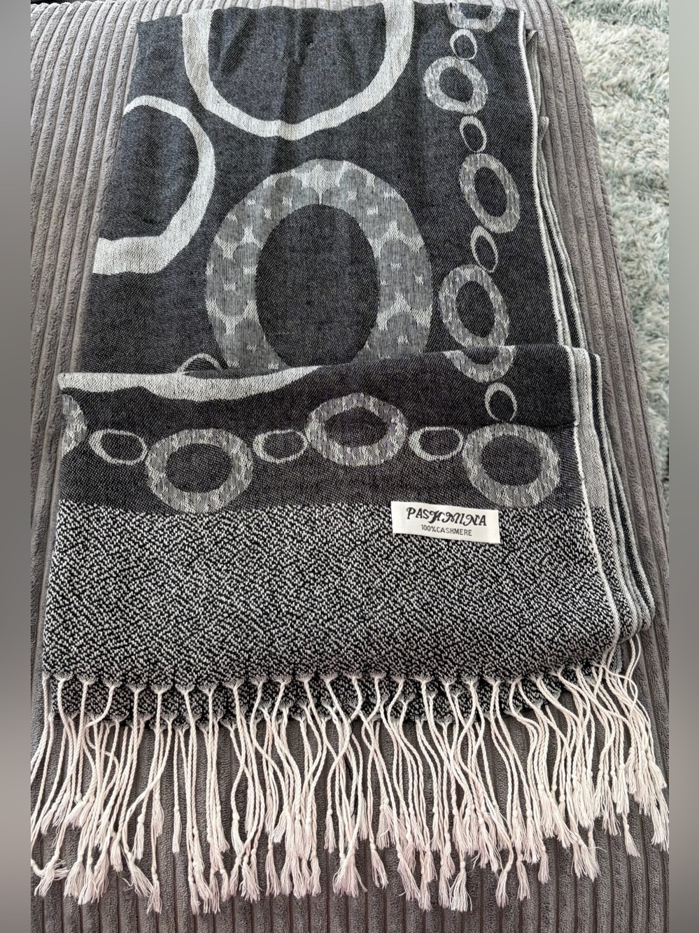 Pashmina Black & Gray Circle Pattern Cashmere Scarf with Fringe